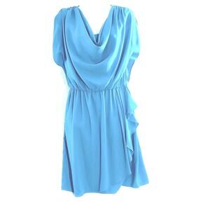 Nine West Faux Wrap Dress Women's Size 6 Blue Asymmetrical Ruffle Draped Neck